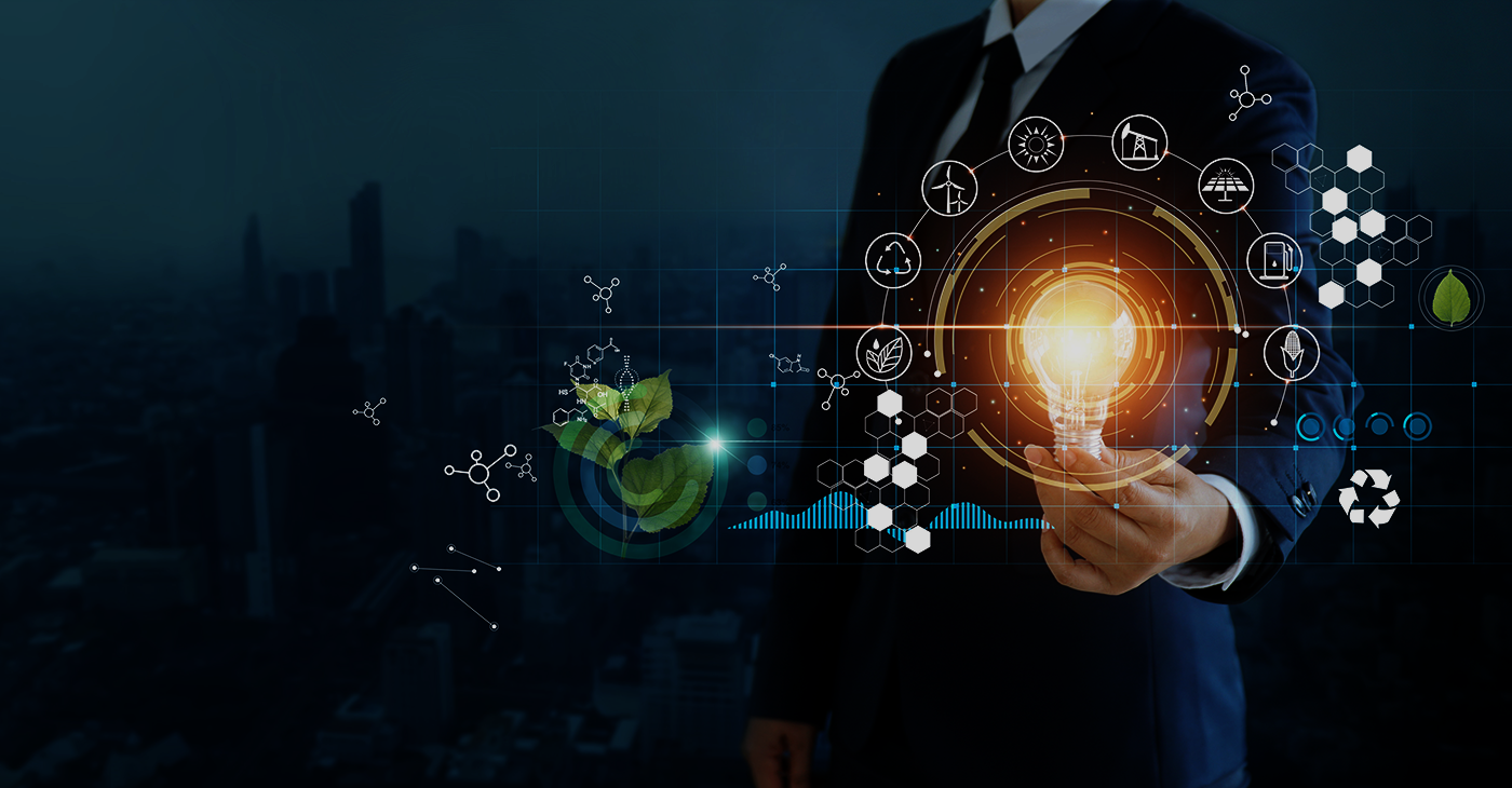 Businessman holding light bulb against nature on city background with icons energy sources for renewable, sustainable development, Ecology and renewable energy concept