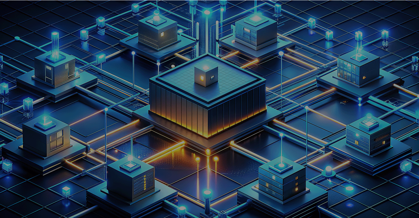 Centralized data hub illustration in isometric perspective, showcasing interconnected nodes, circuits, and glowing lines, symbolizing efficient data flow